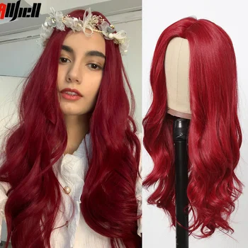червен тъмен бордо жени перуки дълго вълнообразна синтетична естествена перука за коса за жени тяло вълна партия косплей костюм перука топлоустойчив